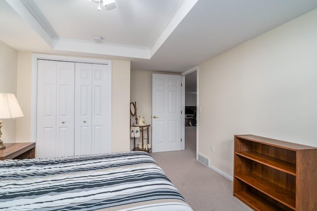 521 Spruce Ln, Crookston, MN 56716 - bedroom featuring a closet, carpet flooring, and a raised ceiling