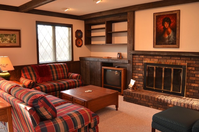 4336 Lookout Ln, Red Wing, MN 55066 - carpeted living room with wainscoting and a brick fireplace