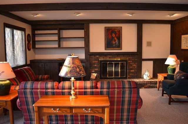 4336 Lookout Ln, Red Wing, MN 55066 - living area featuring carpet floors, beam ceiling, and a fireplace
