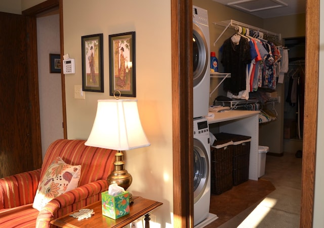 4336 Lookout Ln, Red Wing, MN 55066 - washroom with stacked washing machine and dryer, carpet, and attic access