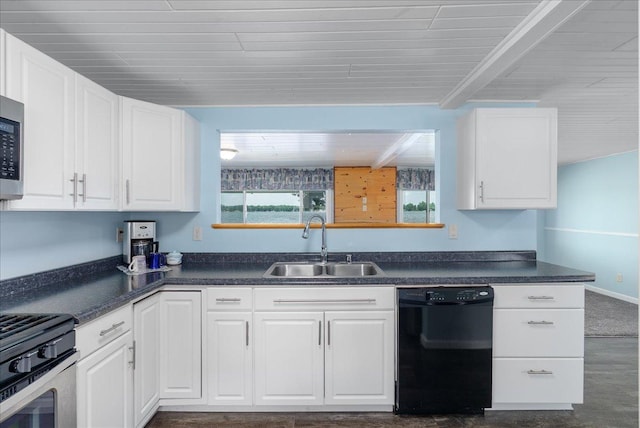 773 US Highway 63, Clayton, WI 54004 - kitchen with black dishwasher, white cabinets, dark countertops, and wood ceiling