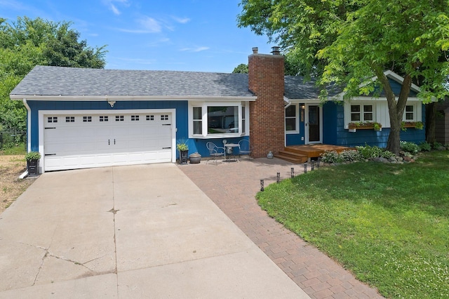771 Creek Ave, Mendota Heights, MN 55120 - ranch-style house with driveway, a chimney, an attached garage, a front yard, and roof with shingles