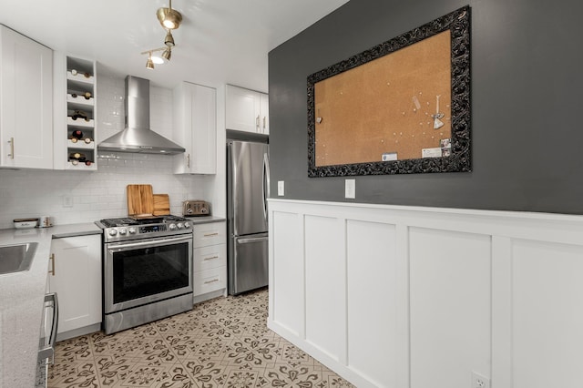 771 Creek Ave, Mendota Heights, MN 55120 - kitchen with stainless steel appliances, wall chimney exhaust hood, white cabinets, backsplash, and open shelves