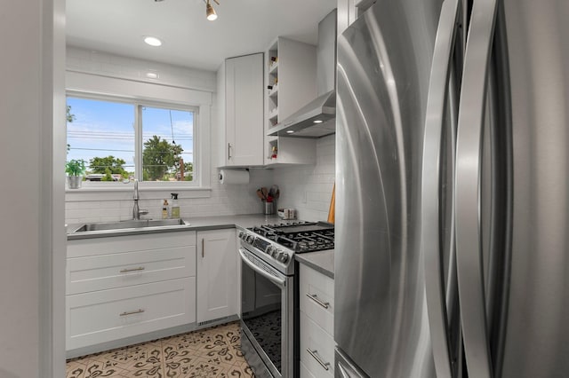 771 Creek Ave, Mendota Heights, MN 55120 - kitchen with stainless steel appliances, wall chimney range hood, open shelves, white cabinetry, and tasteful backsplash