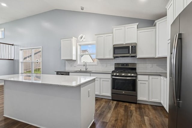 2051 Diamond Ln, Lino Lakes, MN 55038 - kitchen featuring stainless steel appliances, lofted ceiling, dark wood-style flooring, white cabinetry, and decorative backsplash