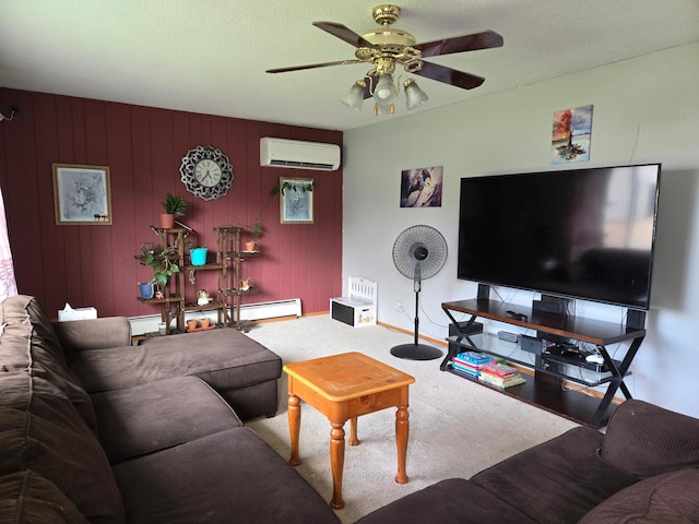 266 6th St, Hancock, MN 56244 - living room with a wall unit AC, carpet floors, ceiling fan, and a baseboard heating unit