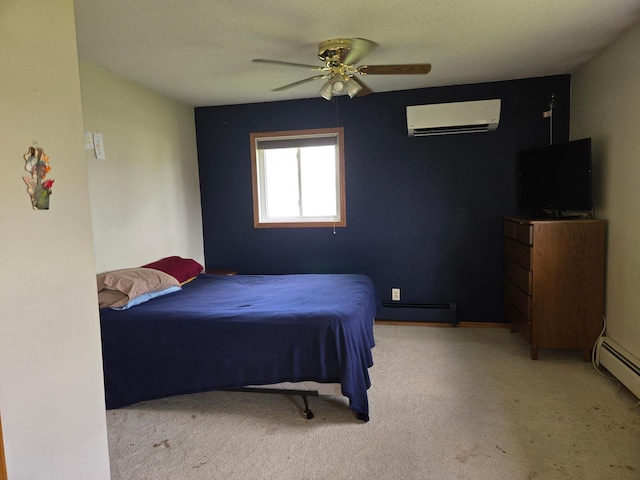 266 6th St, Hancock, MN 56244 - bedroom with an AC wall unit, a baseboard heating unit, carpet flooring, and ceiling fan