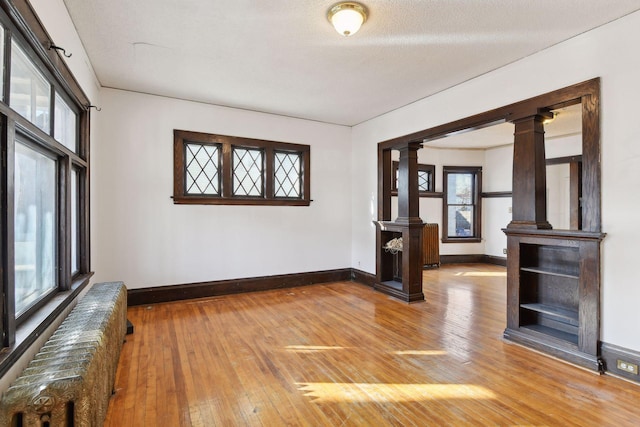 104 27th St, Minneapolis, MN 55408 - empty room featuring ornate columns, light wood-style flooring, and radiator heating unit