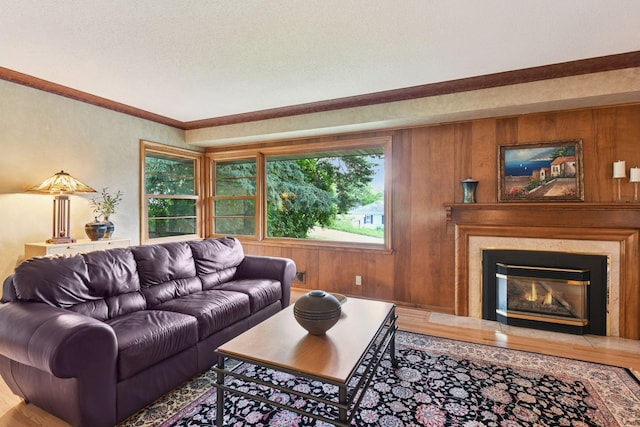 3748 Hilltop Rd, Minnetonka, MN 55305 - living area with a fireplace, a textured ceiling, and wooden walls