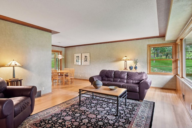 3748 Hilltop Rd, Minnetonka, MN 55305 - living room featuring wood finished floors, crown molding, and a textured ceiling