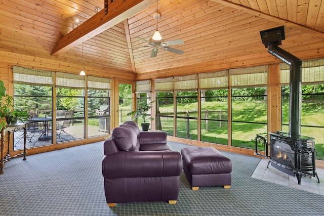 3748 Hilltop Rd, Minnetonka, MN 55305 - sunroom / solarium with a wood stove, carpet floors, wooden walls, high vaulted ceiling, and a wood ceiling with exposed beams