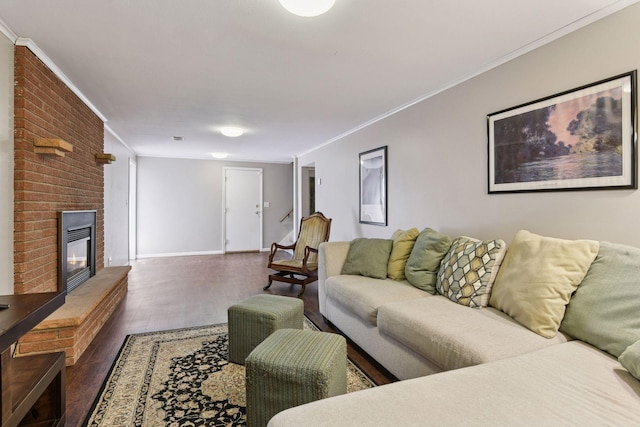 3748 Hilltop Rd, Minnetonka, MN 55305 - living room with wood finished floors, ornamental molding, and a brick fireplace