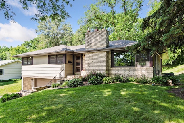 3748 Hilltop Rd, Minnetonka, MN 55305 - view of front of property featuring a chimney, brick siding, a front yard, a garage, and a shingled roof