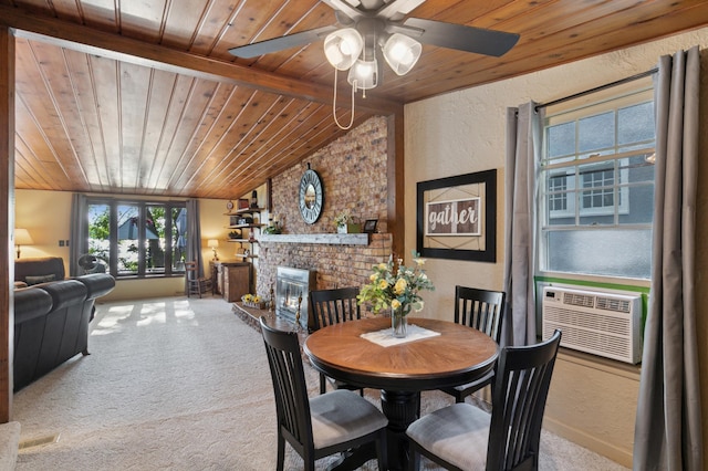 2921 Cambridge Ln, Mound, MN 55364 - dining room featuring wood ceiling, carpet, ceiling fan, a textured wall, and cooling unit