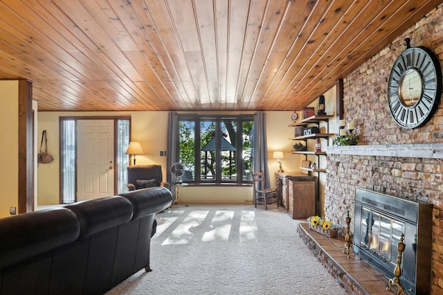 2921 Cambridge Ln, Mound, MN 55364 - carpeted living room featuring wood ceiling, a brick fireplace, and vaulted ceiling