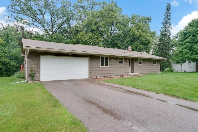 18612 Springcrest Dr, Minnetonka, MN 55345 - ranch-style house featuring driveway, a garage, a front yard, and a chimney