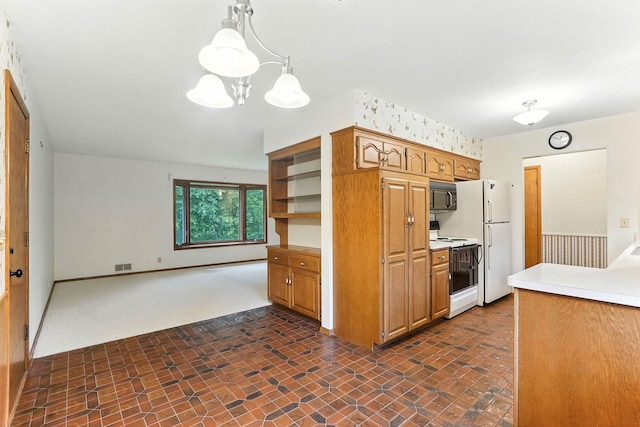 18612 Springcrest Dr, Minnetonka, MN 55345 - kitchen with white appliances, a chandelier, light countertops, and brown cabinetry