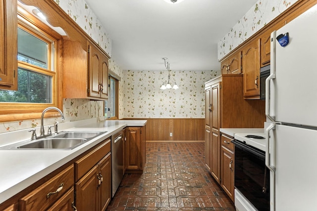 18612 Springcrest Dr, Minnetonka, MN 55345 - kitchen featuring white appliances, wallpapered walls, brick patterned flooring, light countertops, and wainscoting