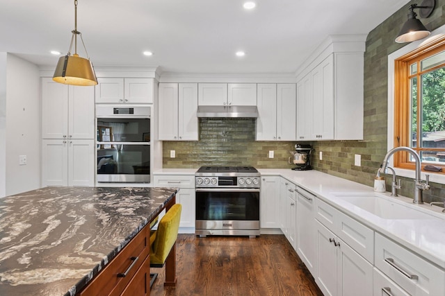 4011 Grimes Ave S, Edina, MN 55416 - kitchen featuring stainless steel appliances, under cabinet range hood, dark wood finished floors, backsplash, and white cabinets