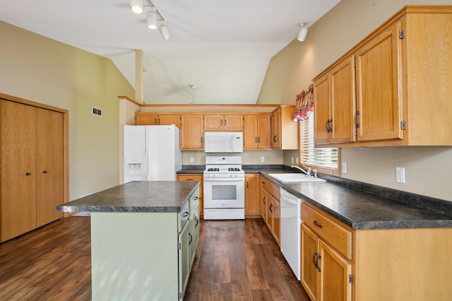343 Tuttle Dr, Hastings, MN 55033 - kitchen with white appliances, dark countertops, a kitchen island, dark wood-style flooring, and high vaulted ceiling