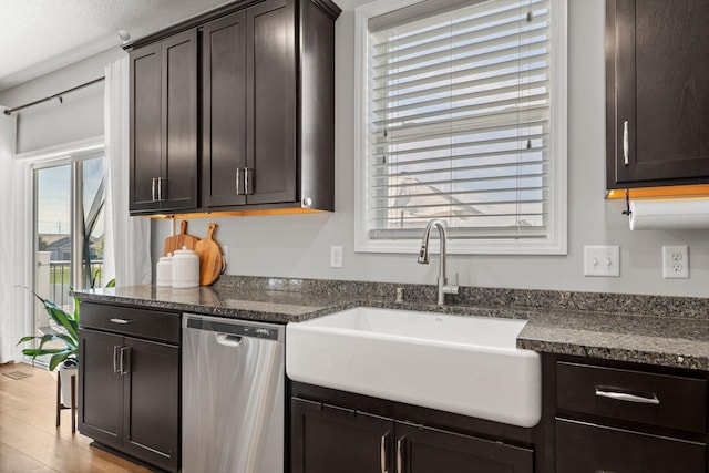 1174 139th St E, Rosemount, MN 55068 - kitchen featuring dishwasher, dark brown cabinetry, and wood finished floors
