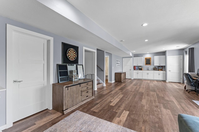 1174 139th St E, Rosemount, MN 55068 - living room with dark wood finished floors, stairs, and recessed lighting
