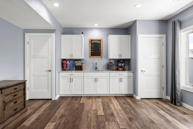 1174 139th St E, Rosemount, MN 55068 - kitchen featuring dark wood-type flooring, white cabinets, light stone counters, and recessed lighting