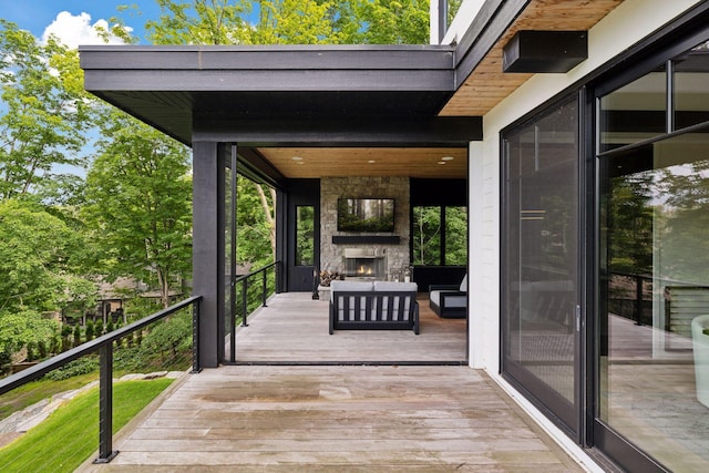 1300 Wildhurst Trl, Orono, MN 55364 - deck with an outdoor living space with a fireplace