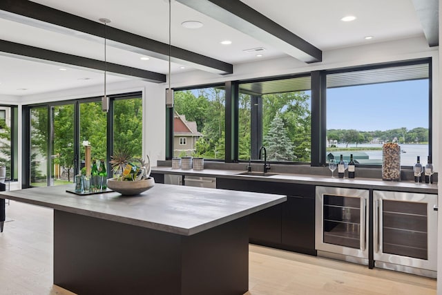 1300 Wildhurst Trl, Orono, MN 55364 - bar area featuring wine cooler, beamed ceiling, light wood-style floors, plenty of natural light, and recessed lighting