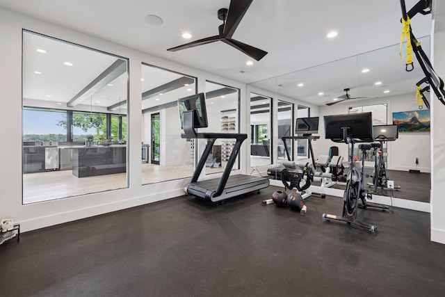 1300 Wildhurst Trl, Orono, MN 55364 - gym with ceiling fan, healthy amount of natural light, and recessed lighting