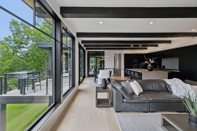 1300 Wildhurst Trl, Orono, MN 55364 - living area with beam ceiling, wood finished floors, and recessed lighting