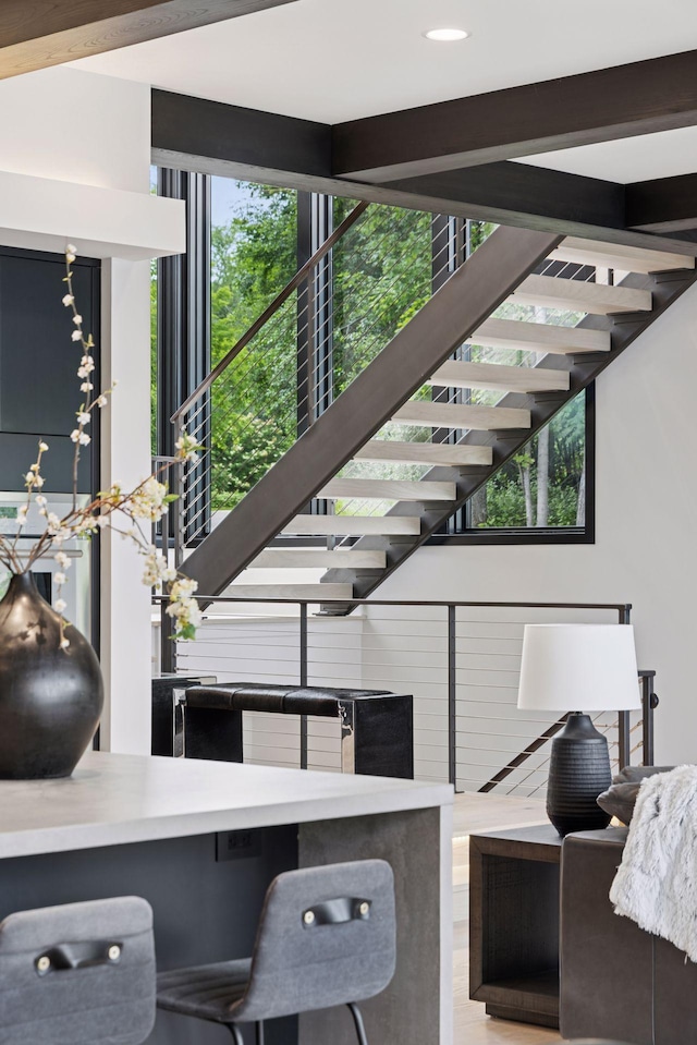 1300 Wildhurst Trl, Orono, MN 55364 - living room featuring stairway, wood finished floors, and recessed lighting