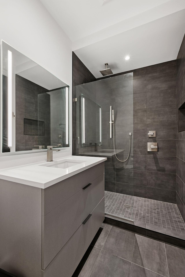 1300 Wildhurst Trl, Orono, MN 55364 - bathroom with vanity, walk in shower, tile patterned floors, and recessed lighting