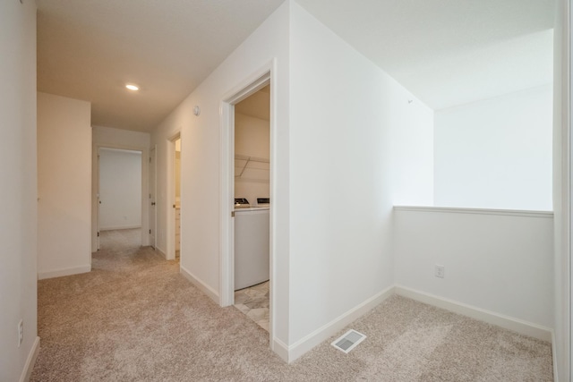 6266 205th St N, Forest Lake, MN 55025 - corridor featuring carpet flooring, washer / dryer, and recessed lighting
