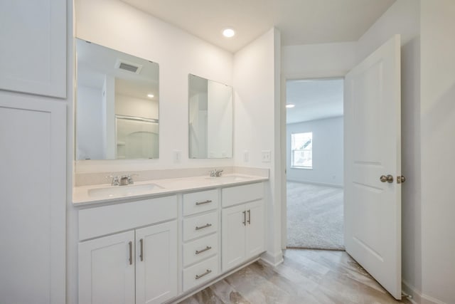 6266 205th St N, Forest Lake, MN 55025 - bathroom with double vanity, wood finished floors, recessed lighting, and a shower