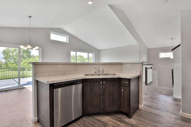 9854 187th Ln NW, Elk River, MN 55330 - kitchen featuring stainless steel dishwasher, dark brown cabinets, vaulted ceiling, light countertops, and pendant lighting