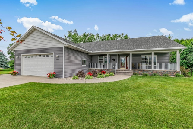 662 Cottonwood Ave, Litchfield, MN 55355 - ranch-style home with a garage, a porch, concrete driveway, and a shingled roof