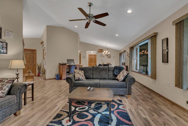 662 Cottonwood Ave, Litchfield, MN 55355 - living area featuring vaulted ceiling, a chandelier, light wood finished floors, ceiling fan, and recessed lighting