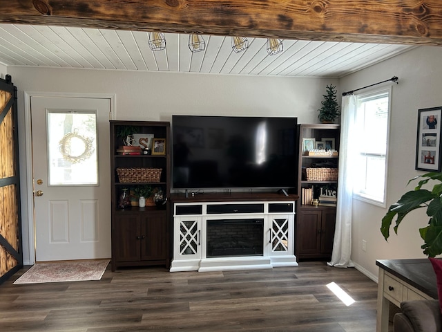 20 King Ave SW, Wadena, MN 56482 - living area with wood ceiling, dark wood finished floors, and a barn door