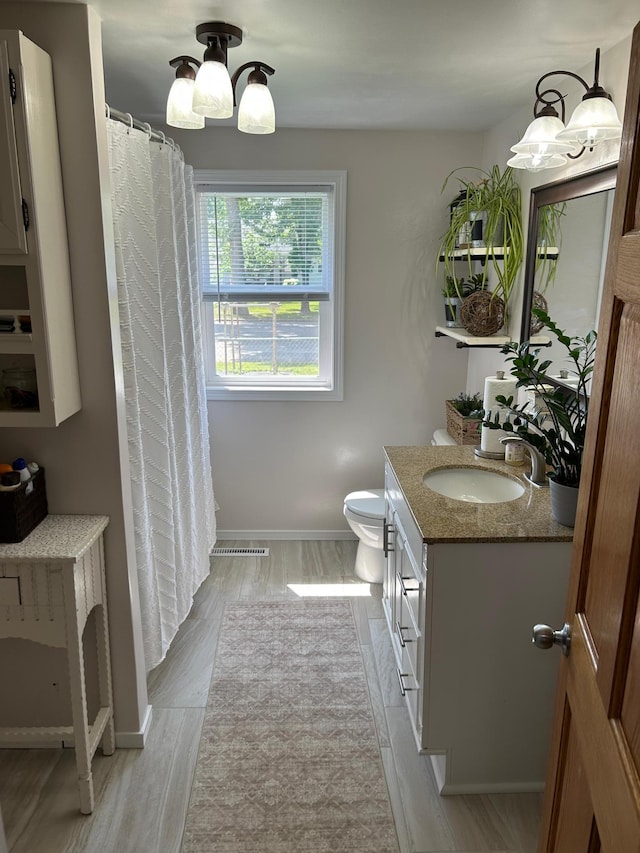 20 King Ave SW, Wadena, MN 56482 - bathroom with vanity, wood finished floors, a chandelier, and a shower with shower curtain