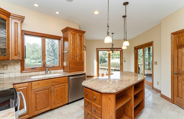 1608 Greystone Ln SW, Rochester, MN 55902 - kitchen featuring dishwasher, range with electric stovetop, brown cabinets, tasteful backsplash, and recessed lighting