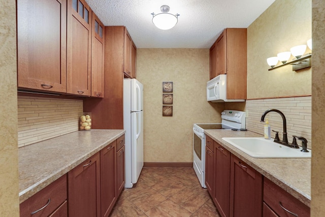 2485 Canabury Dr Unit 116, Little Canada, MN 55117 - kitchen featuring white appliances, glass insert cabinets, brown cabinetry, backsplash, and a textured ceiling