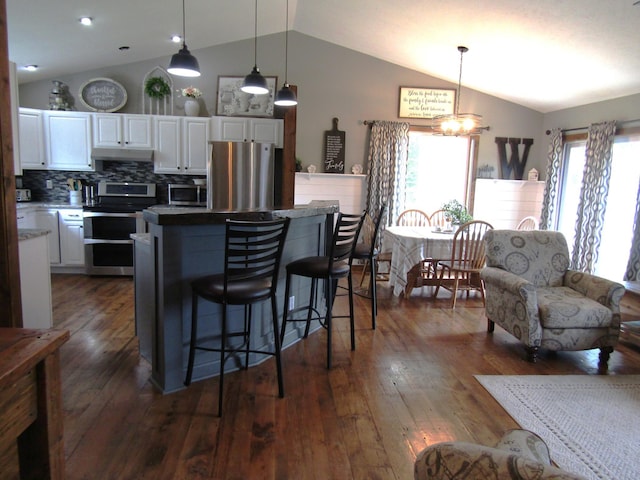 1103 15th St, Montevideo, MN 56265 - kitchen with appliances with stainless steel finishes, vaulted ceiling, under cabinet range hood, white cabinets, and a breakfast bar area