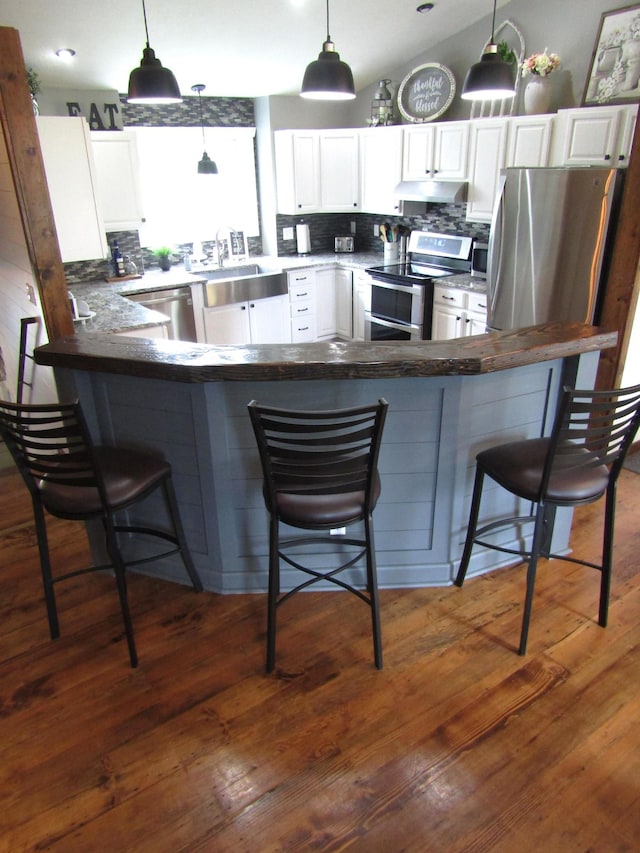 1103 15th St, Montevideo, MN 56265 - kitchen with stainless steel appliances, under cabinet range hood, decorative backsplash, and a peninsula