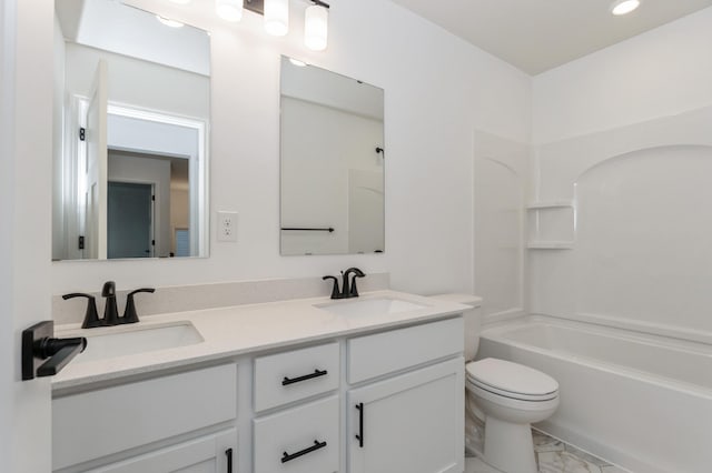4021 Heath Ln N, Oakdale, MN 55128 - full bathroom with double vanity, marble look tiles, bathtub / shower combination, and recessed lighting