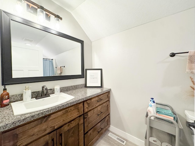 24718 Elbow Rd, Pelican Rapids, MN 56572 - bathroom with vaulted ceiling, vanity, and curtained shower