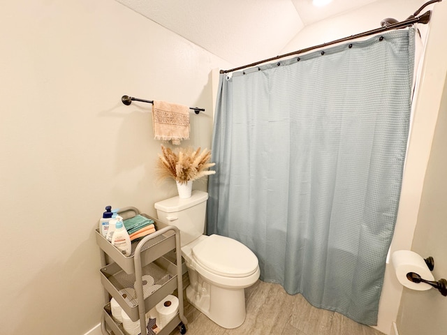 24718 Elbow Rd, Pelican Rapids, MN 56572 - full bathroom featuring wood finished floors, vaulted ceiling, and a shower with shower curtain