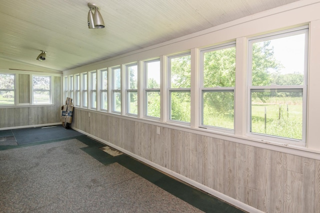 W224S9735 Big Bend Dr, Vernon, WI 53103 - unfurnished sunroom with lofted ceiling, wood walls, and carpet floors