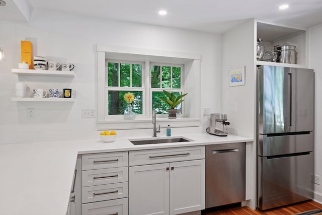 3815 Deephaven Ave, Deephaven, MN 55391 - kitchen with freestanding refrigerator, open shelves, light countertops, and recessed lighting