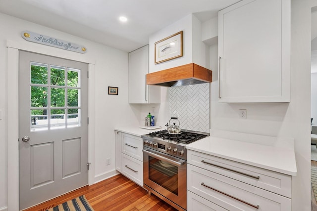 3815 Deephaven Ave, Deephaven, MN 55391 - kitchen with stainless steel stove, light wood-style flooring, backsplash, white cabinetry, and light countertops